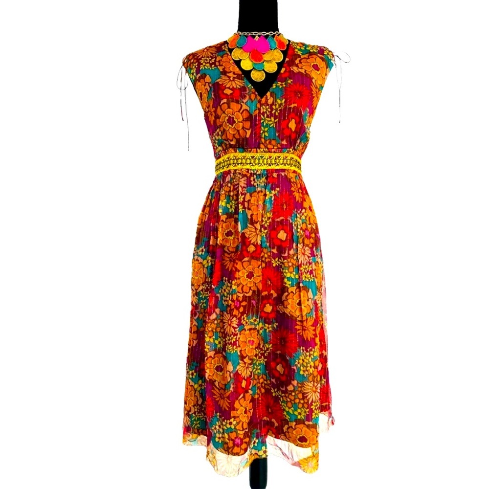 Spenser Jeremy Vibrant Floral Midi Dress - Red, Orange, Blue